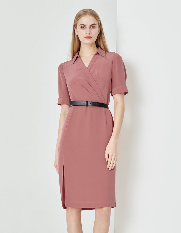 MARYLING Shirt Collar Pleated Straight Slit Dress
