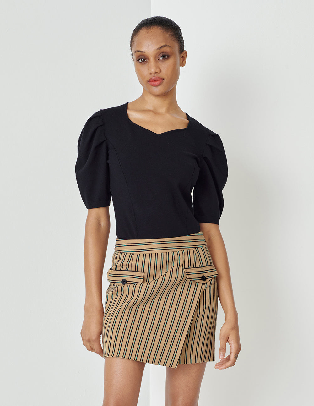 MARYLING Desert Vertical And Horizontal Small A Double-Layer Detail Striped Miniskirt