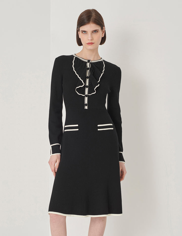 MARYLING Black And White Contrast Trim Long-Sleeved Knitted Dress