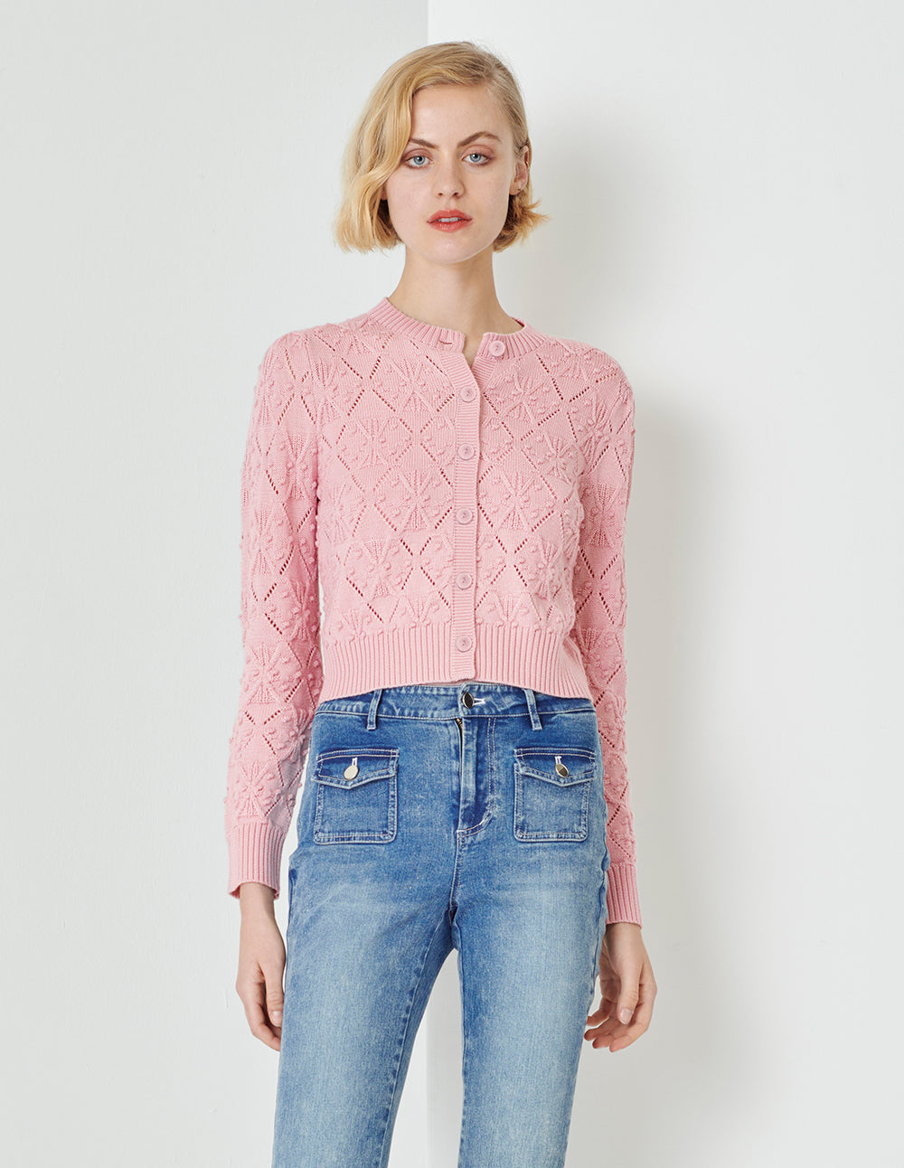 MARYLING Cherry Blossom Round Neck Knitted Cardigan