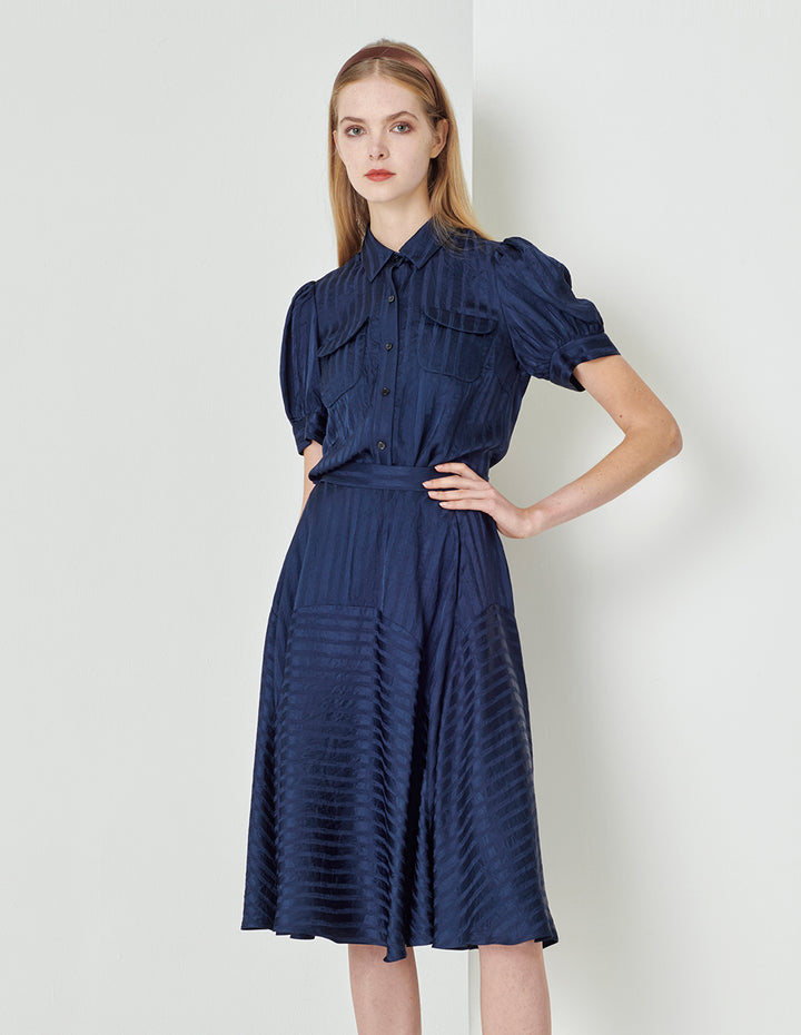 MARYLING Dark Stripe Shirt With Midnight Blue Shirt Collar