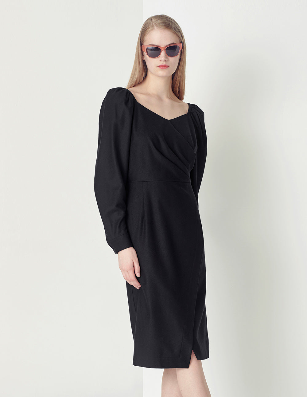 MARYLING Classic and elegant black slit wool wrap hip dress