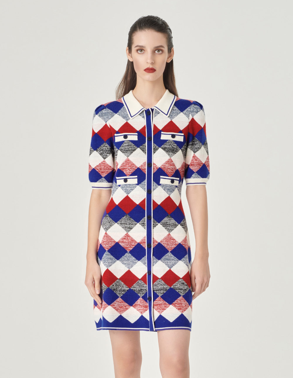 MARYLING Diamond Plaid Shirt Collar Knitted Dress