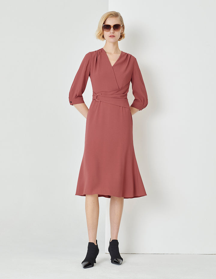 MARYLING Red V-Neck Pleated Waist Knee Mermaid Dress