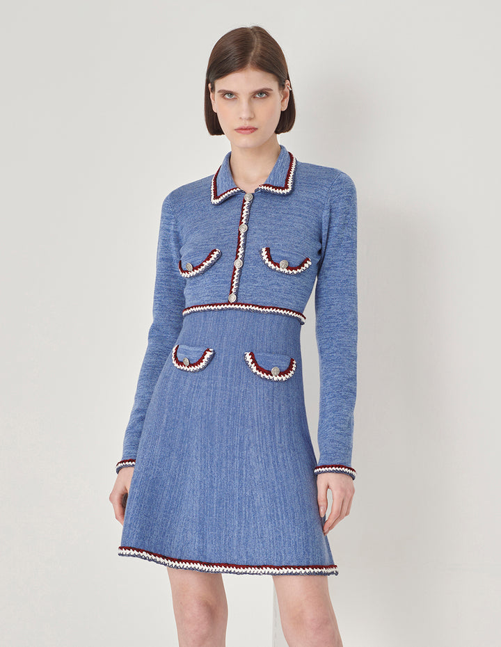 MARYLING Colourful Striped-Trim Long-Sleeve A-Line Knitted Shirt Dress