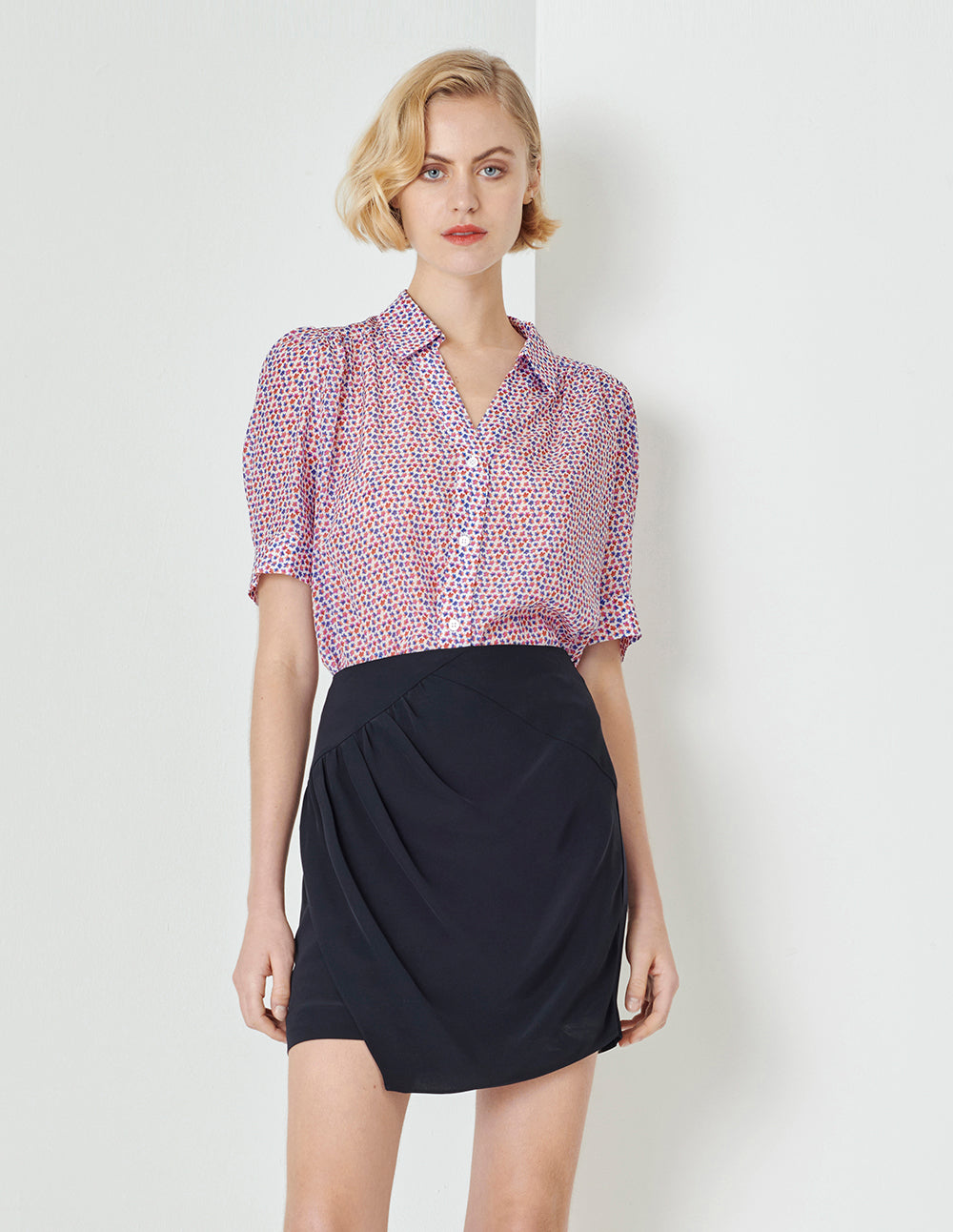 MARYLING Colourful Floral Shirt Collar A Hem Silk Print Top