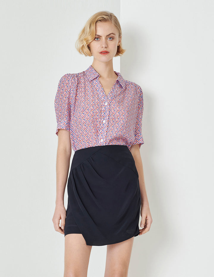 MARYLING Colourful Floral Shirt Collar A Hem Silk Print Top