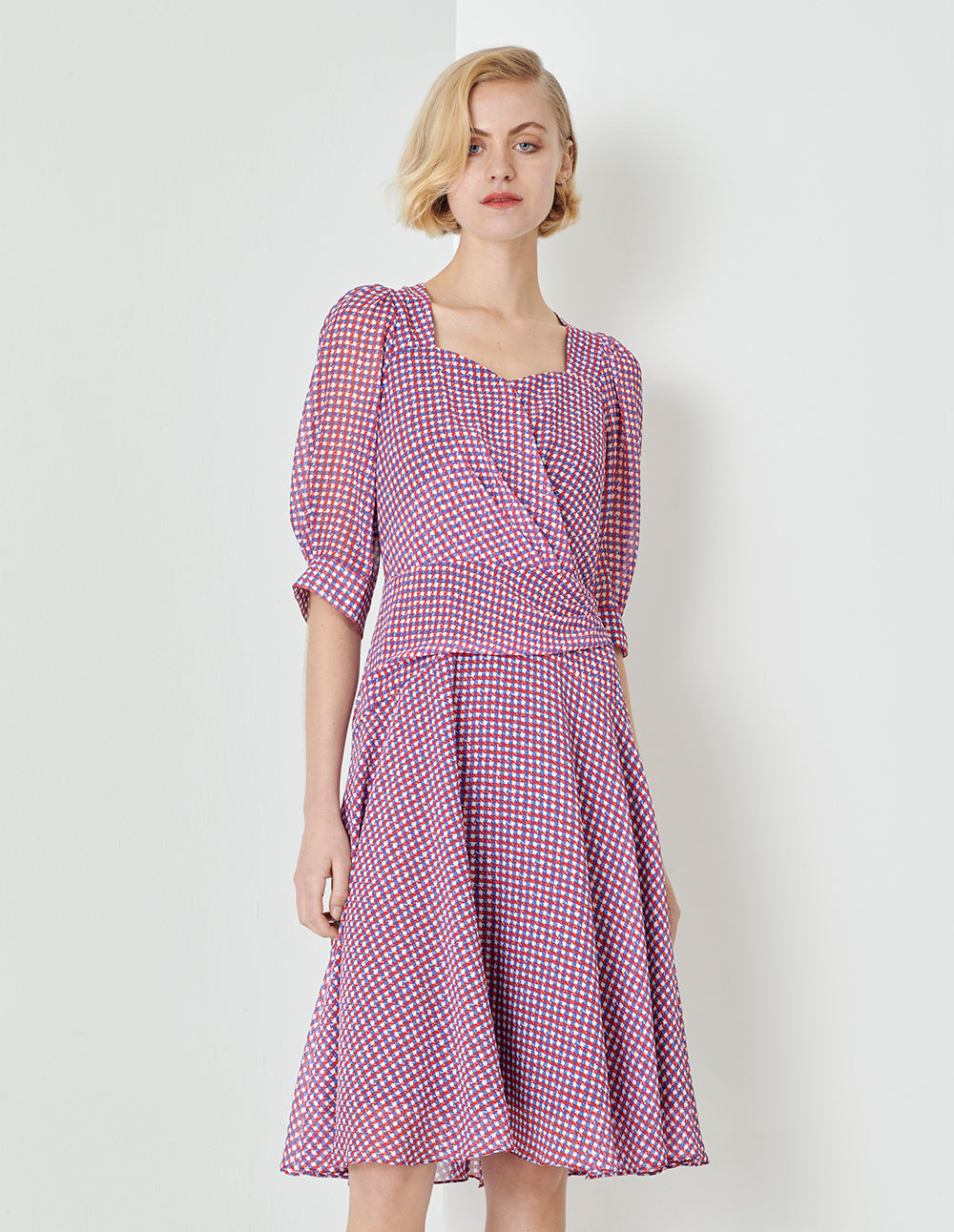 MARYLING Houndstooth Georgette Print Puff Sleeve Dress