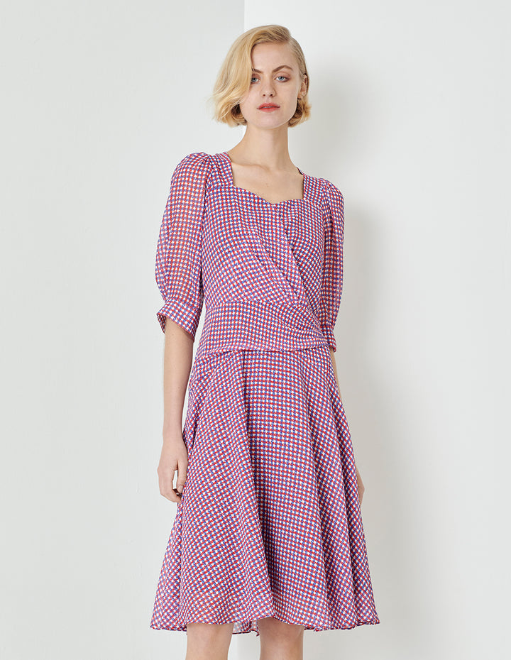 MARYLING Houndstooth Georgette Print Puff Sleeve Dress