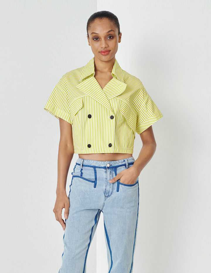 MARYLING Yellow And White Striped Lapel Blouse