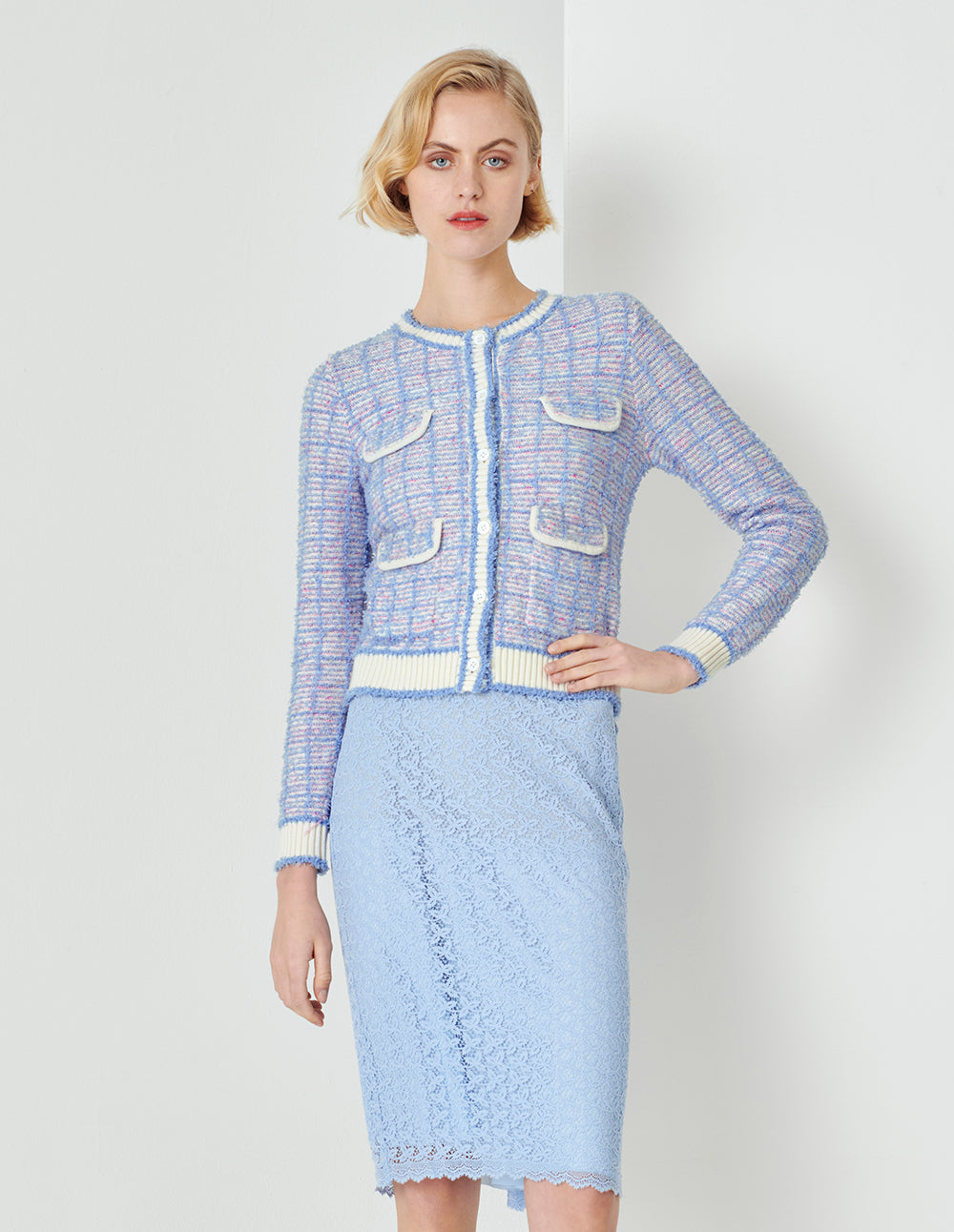 MARYLING Powder Blue Round Neck Knitted Cardigan