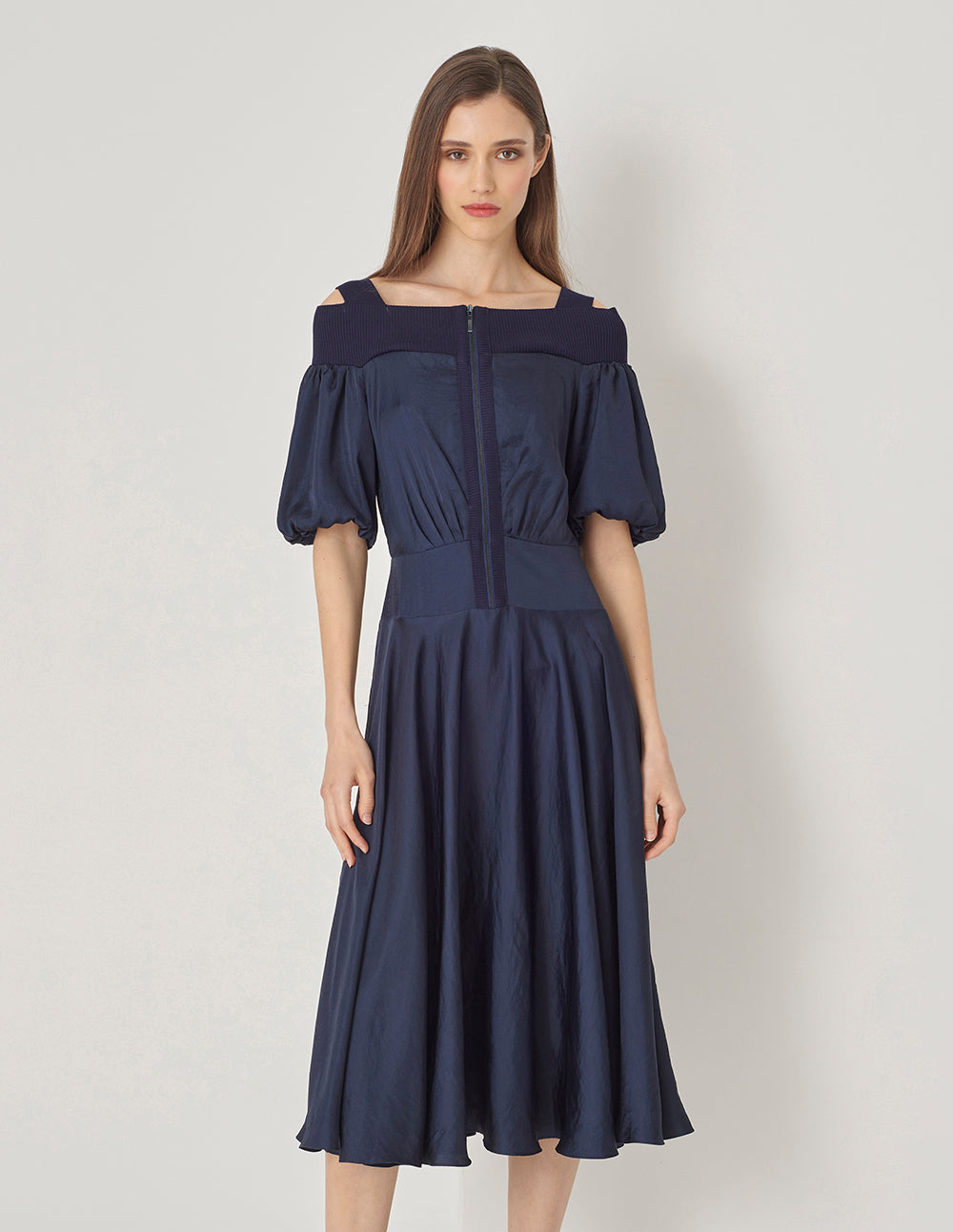 MARYLING Dark Blue Metallic Zipper Off-Shoulder Puff Sleeve Dress