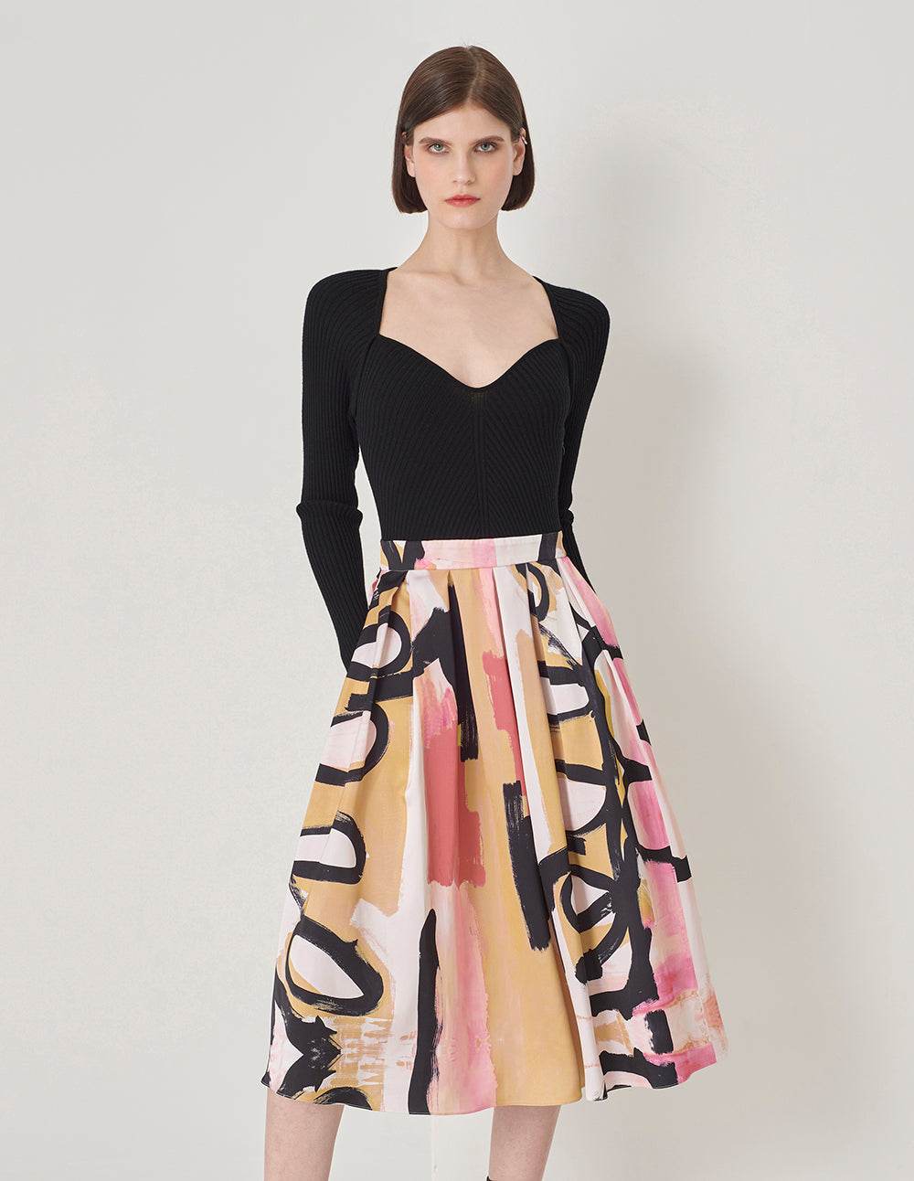 MARYLING V-Neck Knitted Art Print Dress