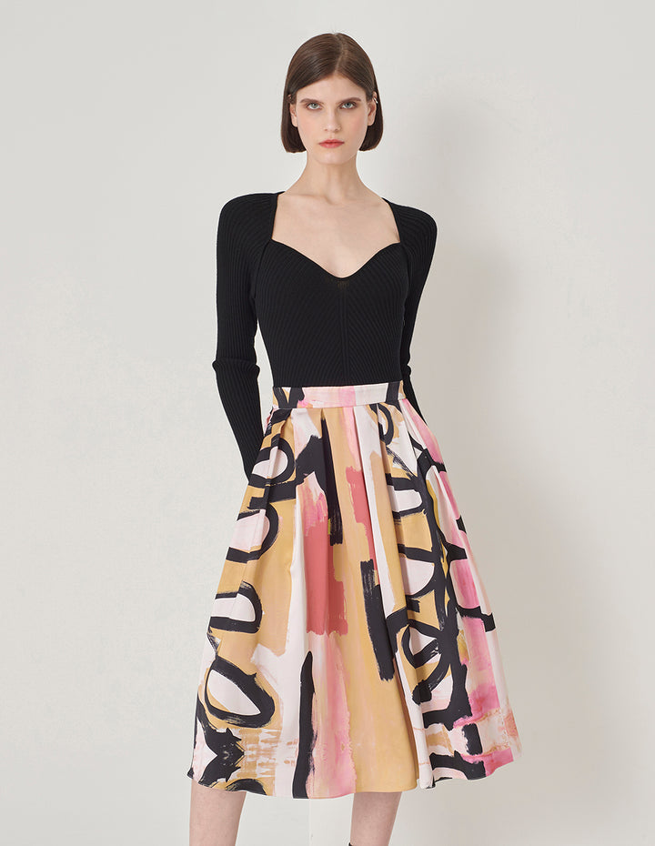 MARYLING V-Neck Knitted Art Print Dress