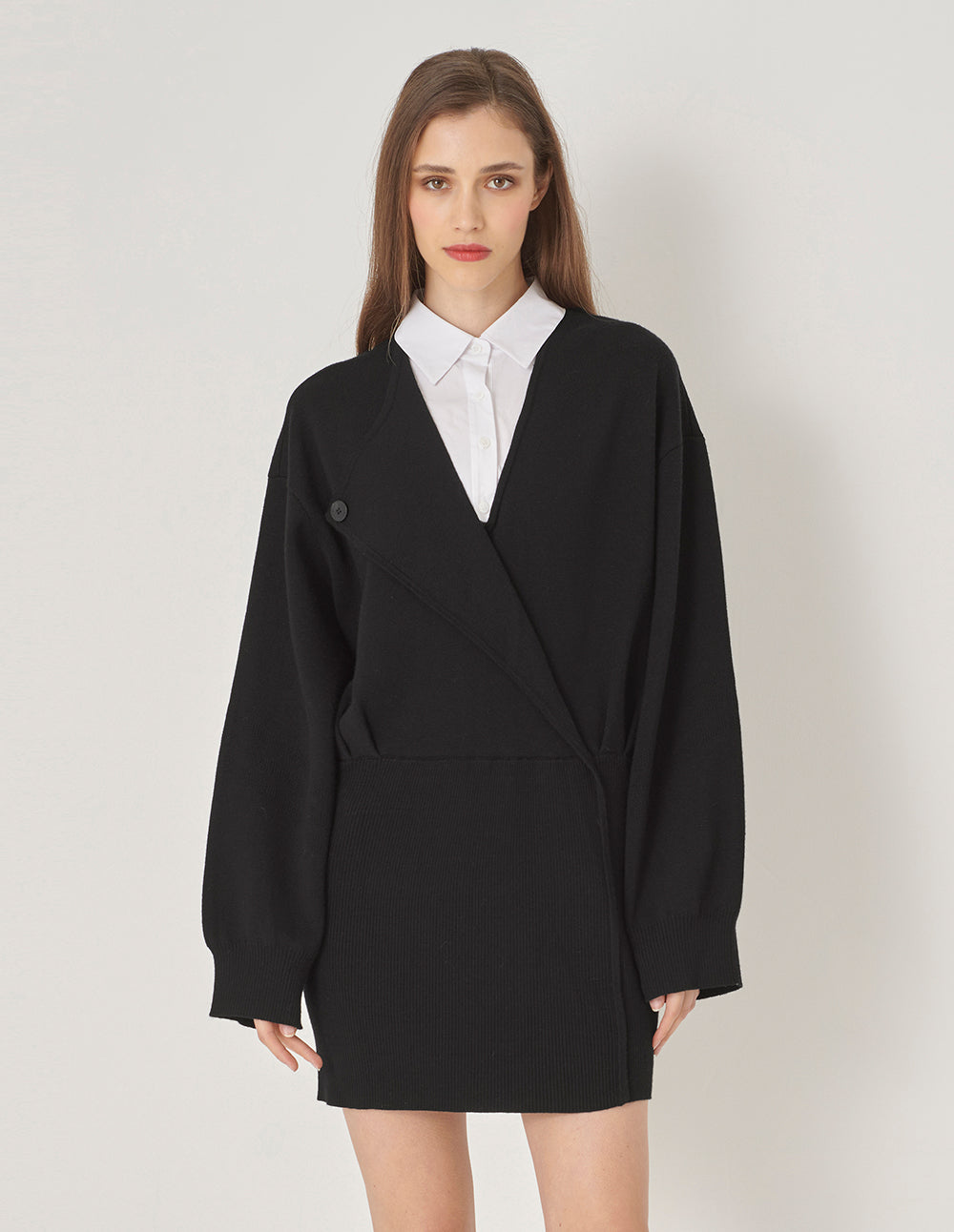 MARYLING Black And White Contrasting Knit Woven Dress