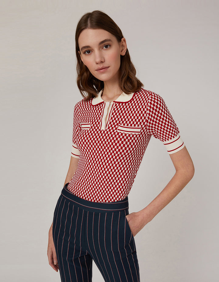 MARYLING Classic red white check small lapels double pocket