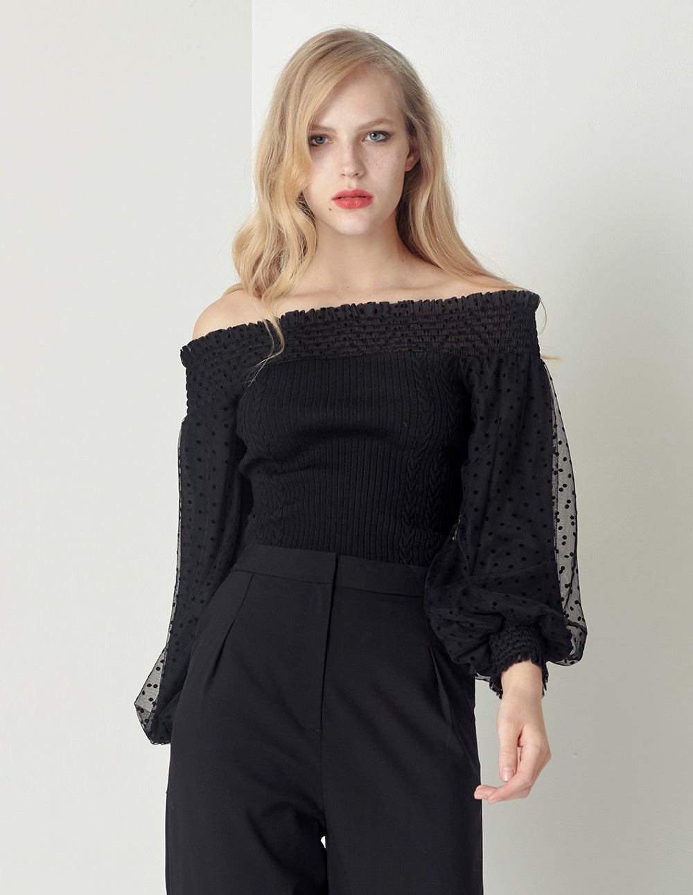 MARYLING One-word neck pleated puff sleeve knitted top