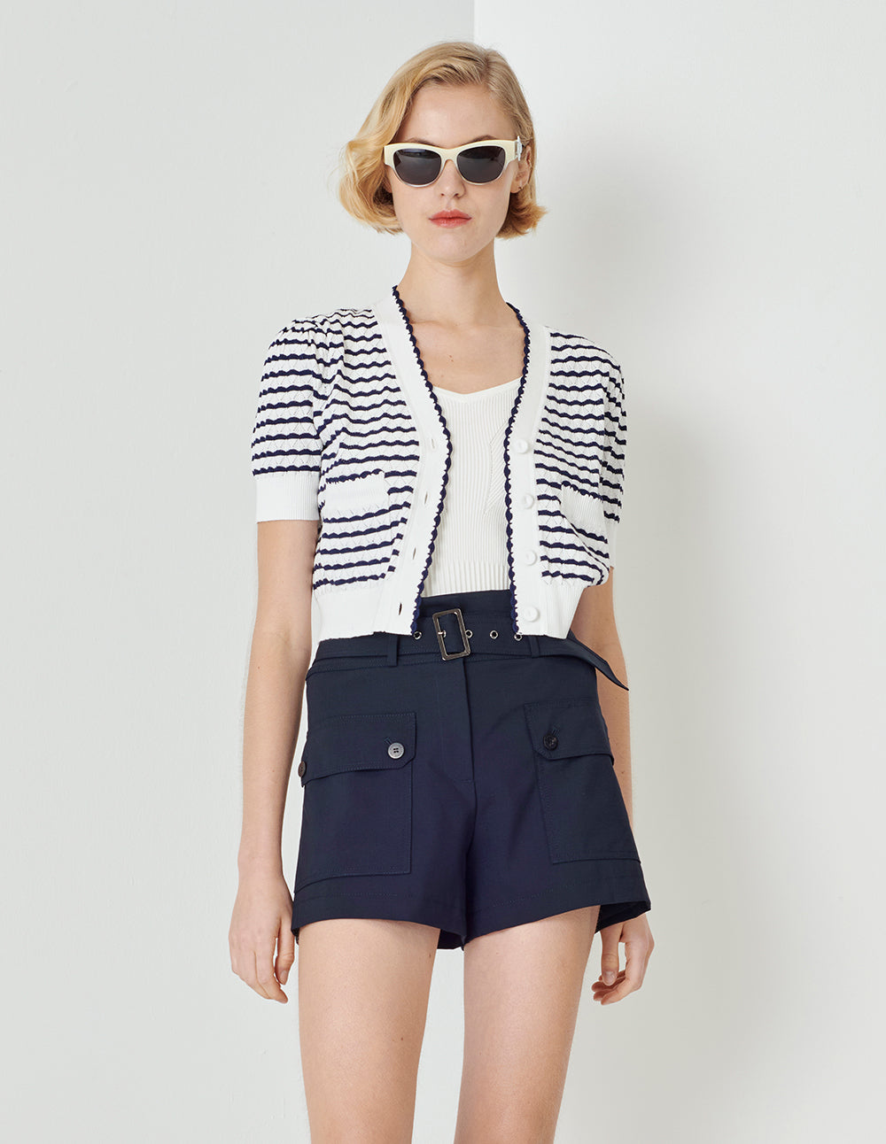 MARYLING Black And White Striped V-Neck Knitted Cardigan