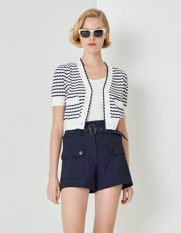 MARYLING Black And White Striped V-Neck Knitted Cardigan