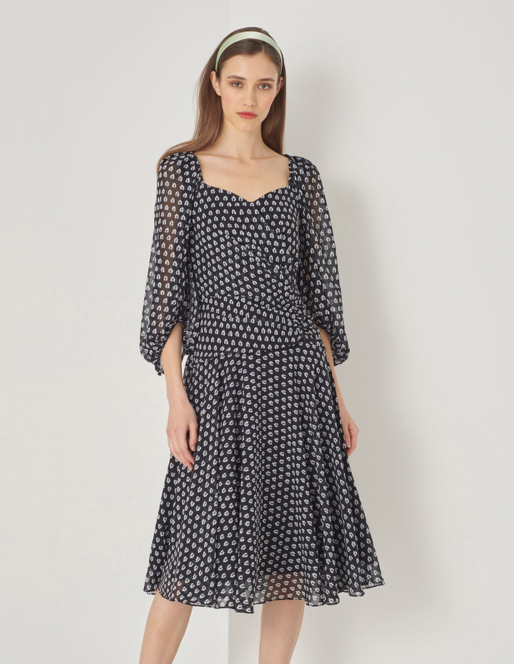 MARYLING Black And White Forest V-Neck Pinched Puff Sleeve Dress