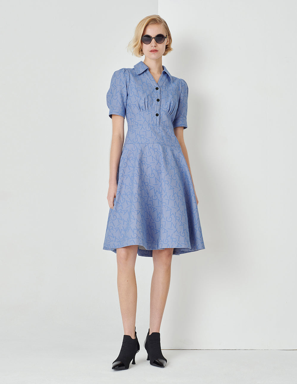 MARYLING V-Neck Puff Short-Sleeved High Waistline Blue Denim Shirt Dress