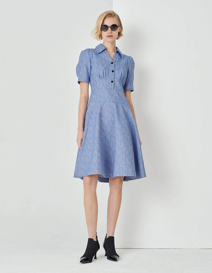 MARYLING V-Neck Puff Short-Sleeved High Waistline Blue Denim Shirt Dress