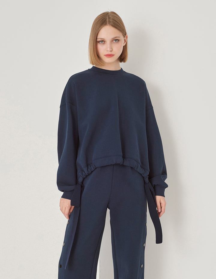 MARYLING Navy Woolen Lace-Up Space Cotton Sweatshirt