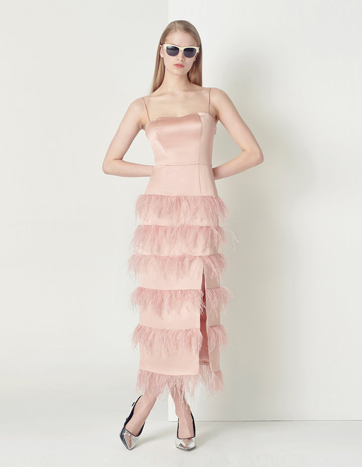 MARYLING Haze powder elegant and noble ostrich hair suspender dress