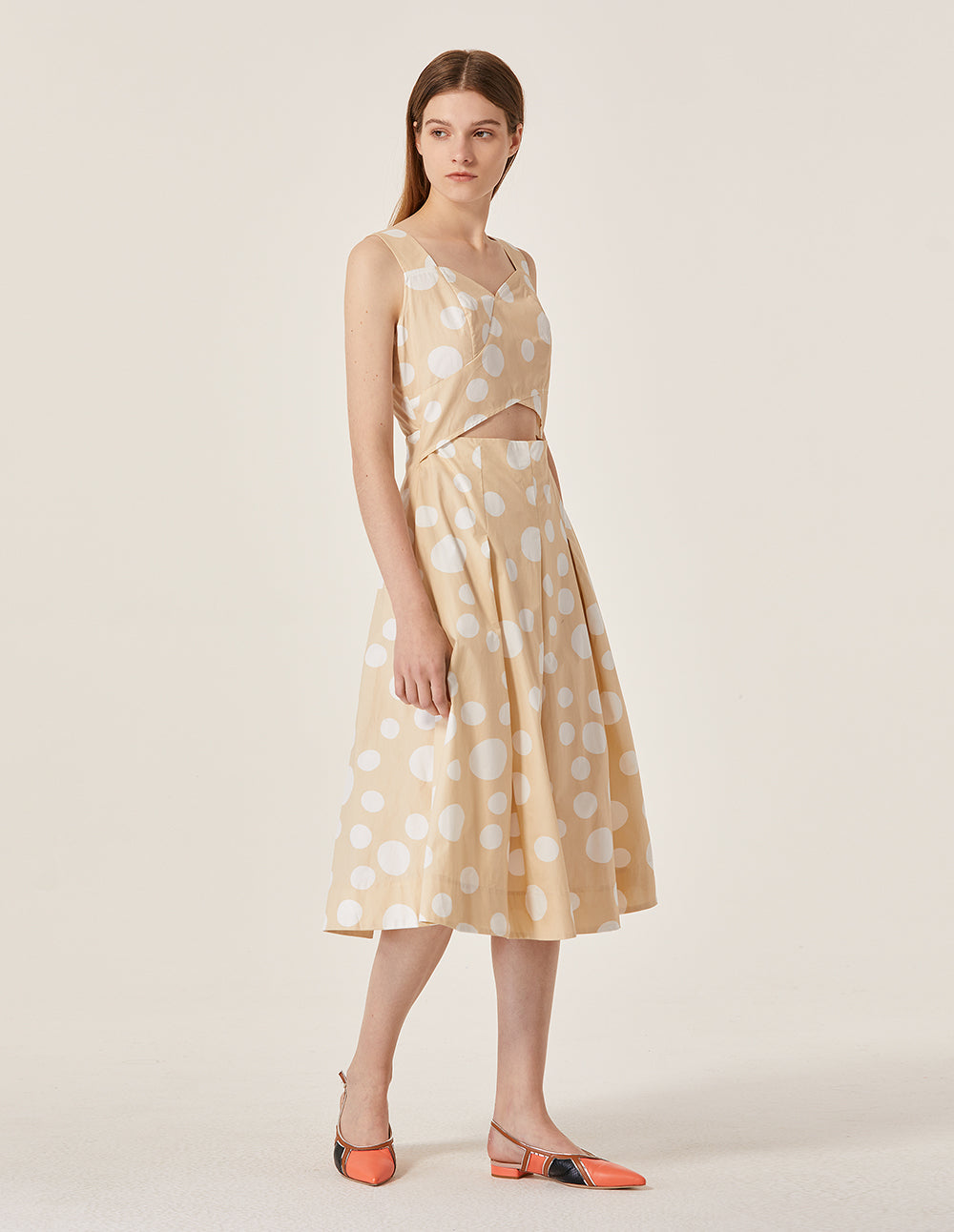 MARYLING Polka Dot Pattern Sleeveless A-Line Midi Dress
