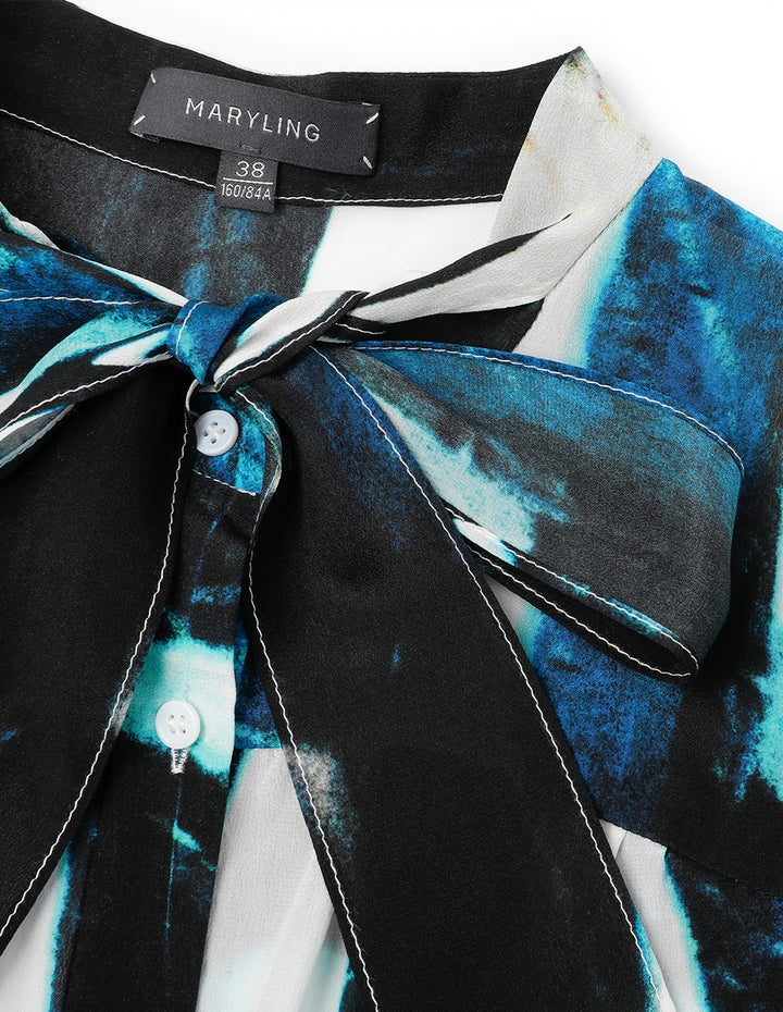 MARYLING Art Print Butterfly Tie Silk Shirt