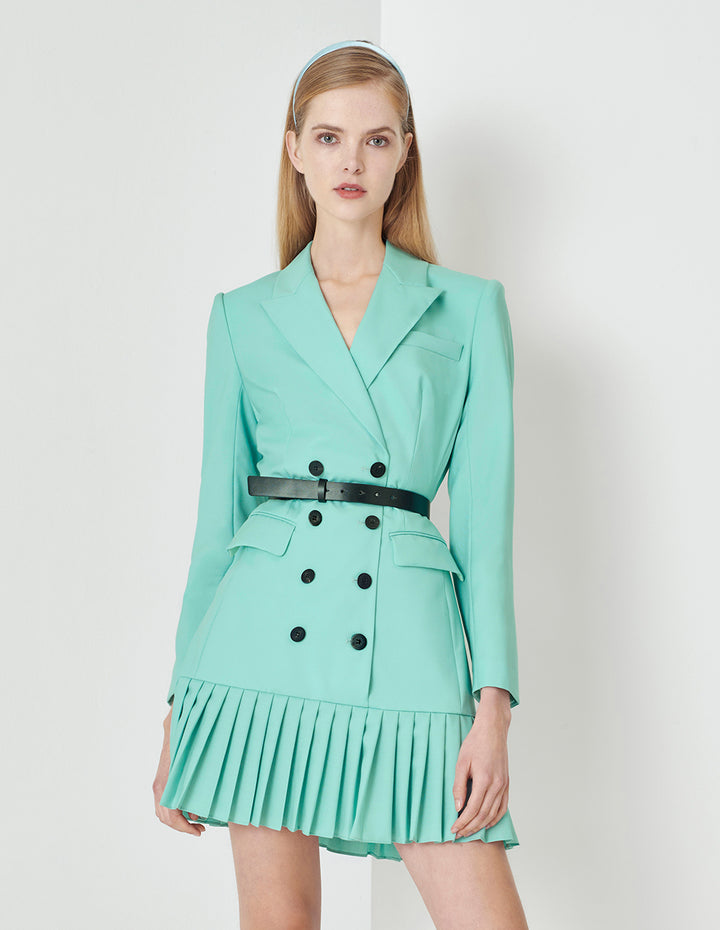 MARYLING Milk Blue Pleated Stitched Suit Collar Dress