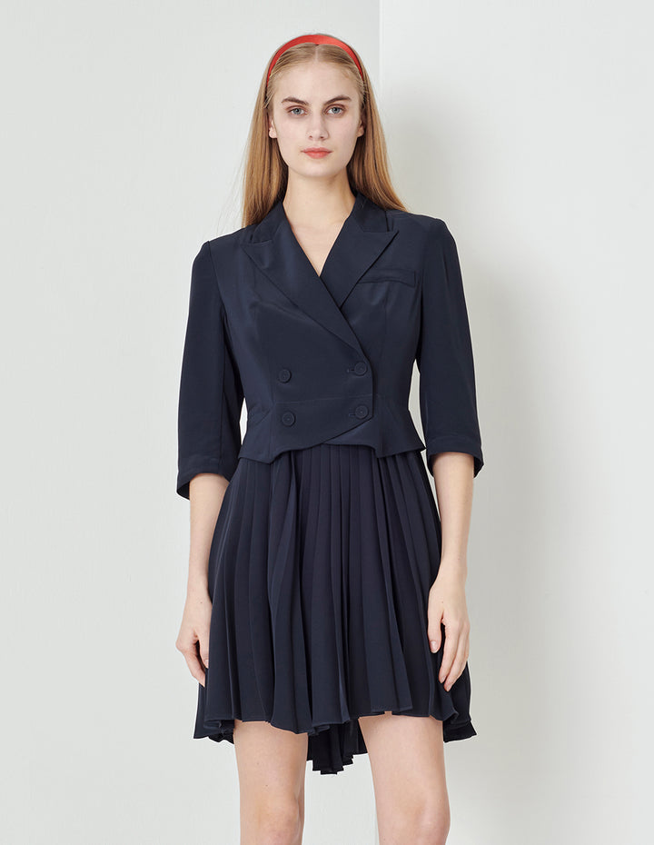 MARYLING Dark Blue Faux Two-Piece Suit Pleated Dress