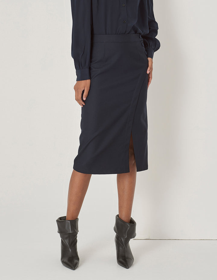MARYLING Dark Blue Curved Line Slit Detail Straight Skirt