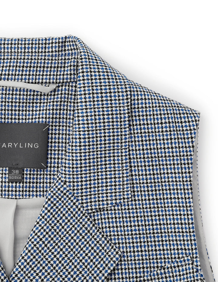 MARYLING Blue And White Small Check Houndstooth Waist Tie Detail Cropped Vest