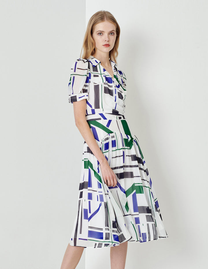 MARYLING Blue And White Geometric Art Print V-Neck Dress
