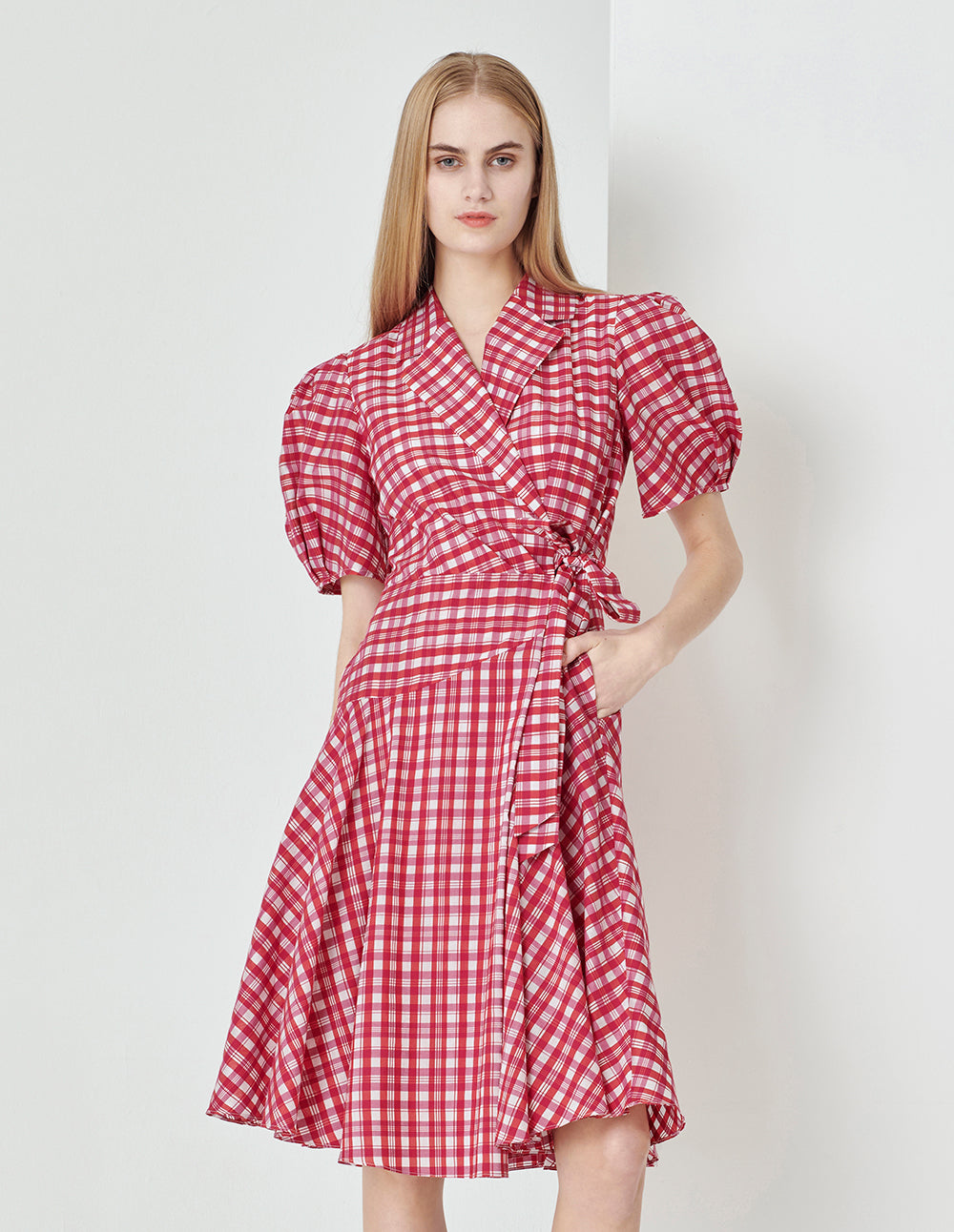 MARYLING Rose pink plaid suit collar puff sleeves plaid dress