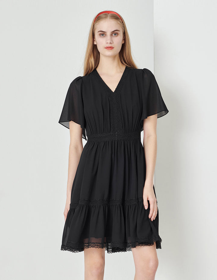 MARYLING Black V-Neck Bell Sleeve Lace Trim Georgette Dress