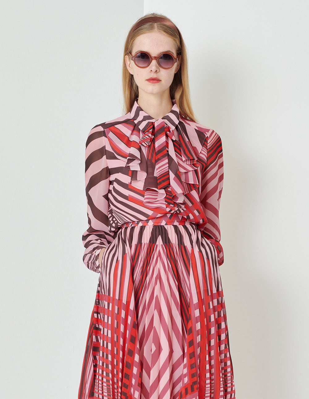 MARYLING Pink Striped Peplum Bow Blouse