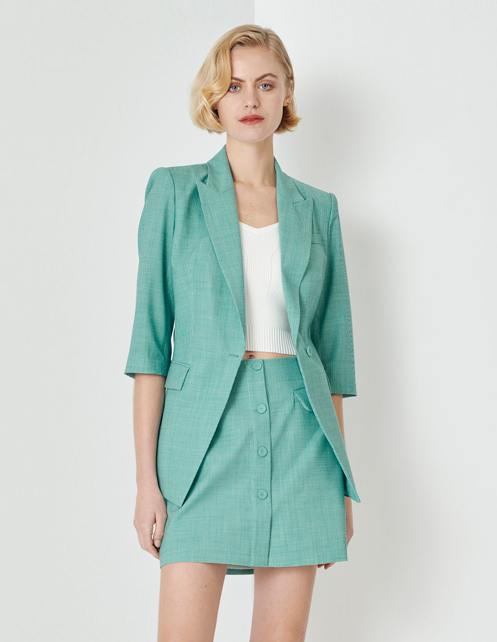 MARYLING Light Green Microcheck Houndstooth Blazer
