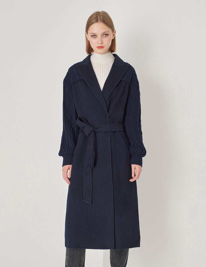 MARYLING Dark Blue Double-Sided Wool And Knitted Long Coat