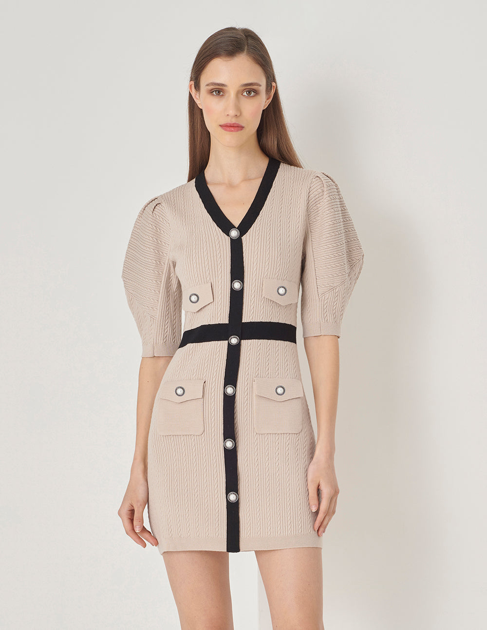 MARYLING Sand Colour Contrast V-Neck Long Sleeve Knit Dress