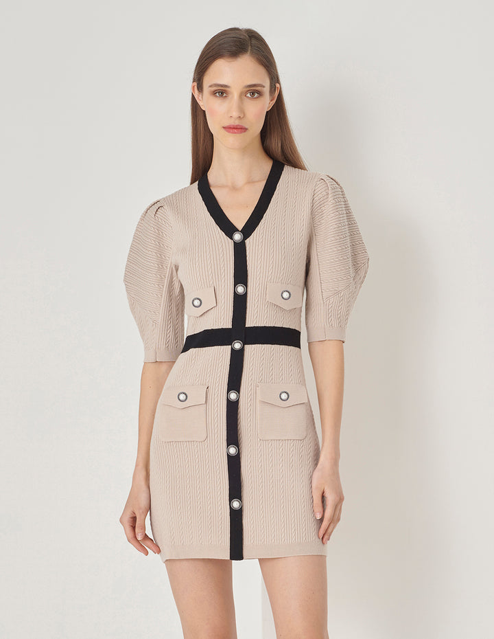 MARYLING Sand Colour Contrast V-Neck Long Sleeve Knit Dress