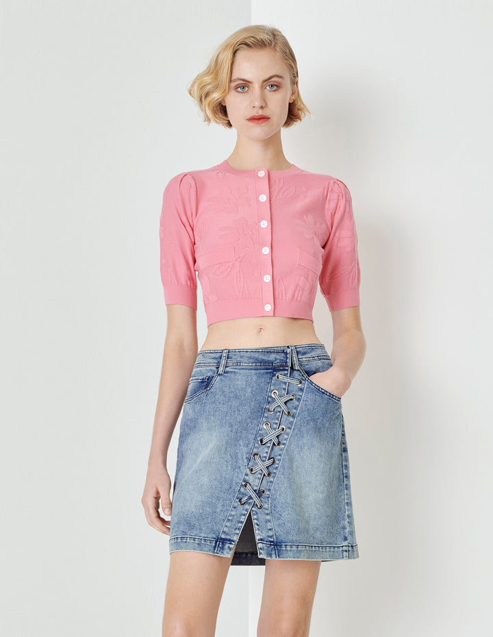 MARYLING Denim Blue Asymmetric Lace-Up Denim Skirt