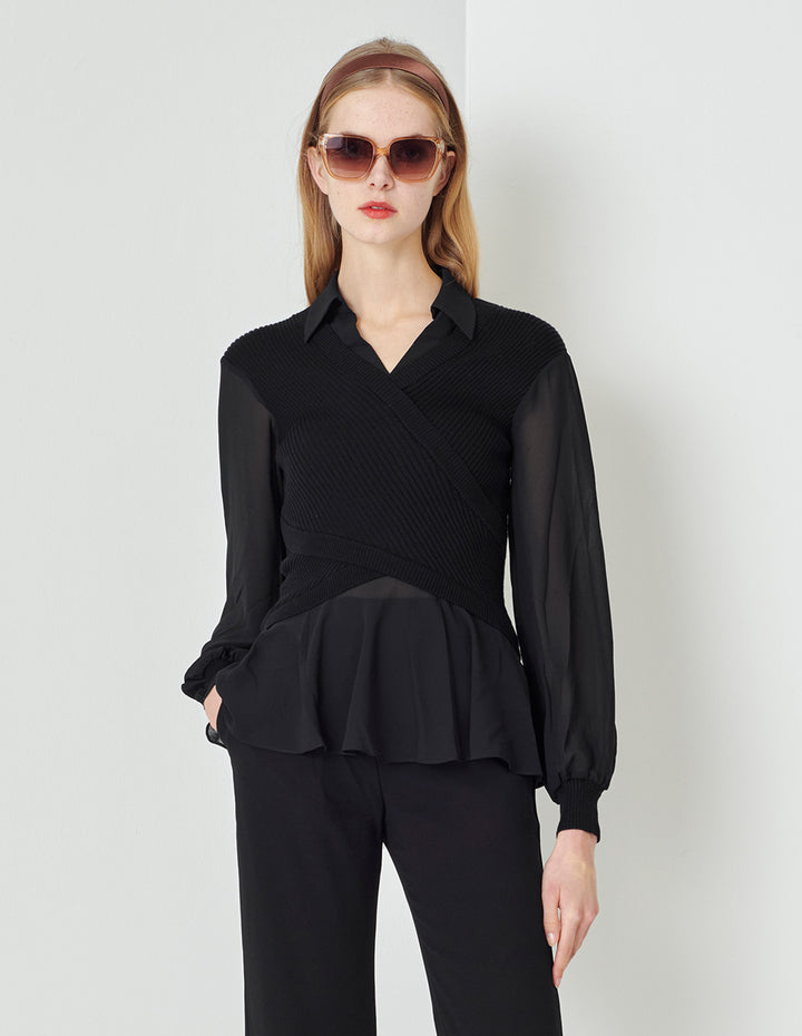 MARYLING  Classic Black Shirt Collar A Line Knitted Top