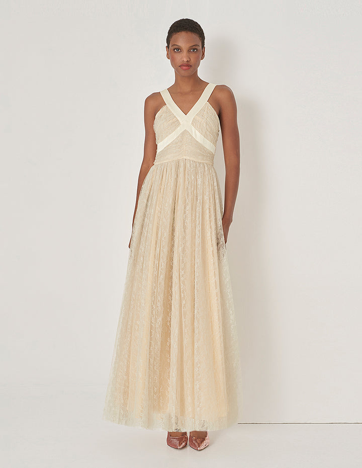 MARYLING Champagne V-Neck Lace Gown Dress