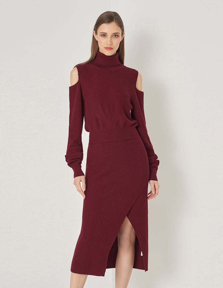 MARYLING Burgundy Red Turtleneck Off-The-Shoulder Long-Sleeve Knitted Dress