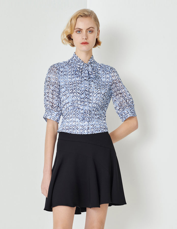 MARYLING Blue Heart-Shaped Pattern Tie Bow Print Top