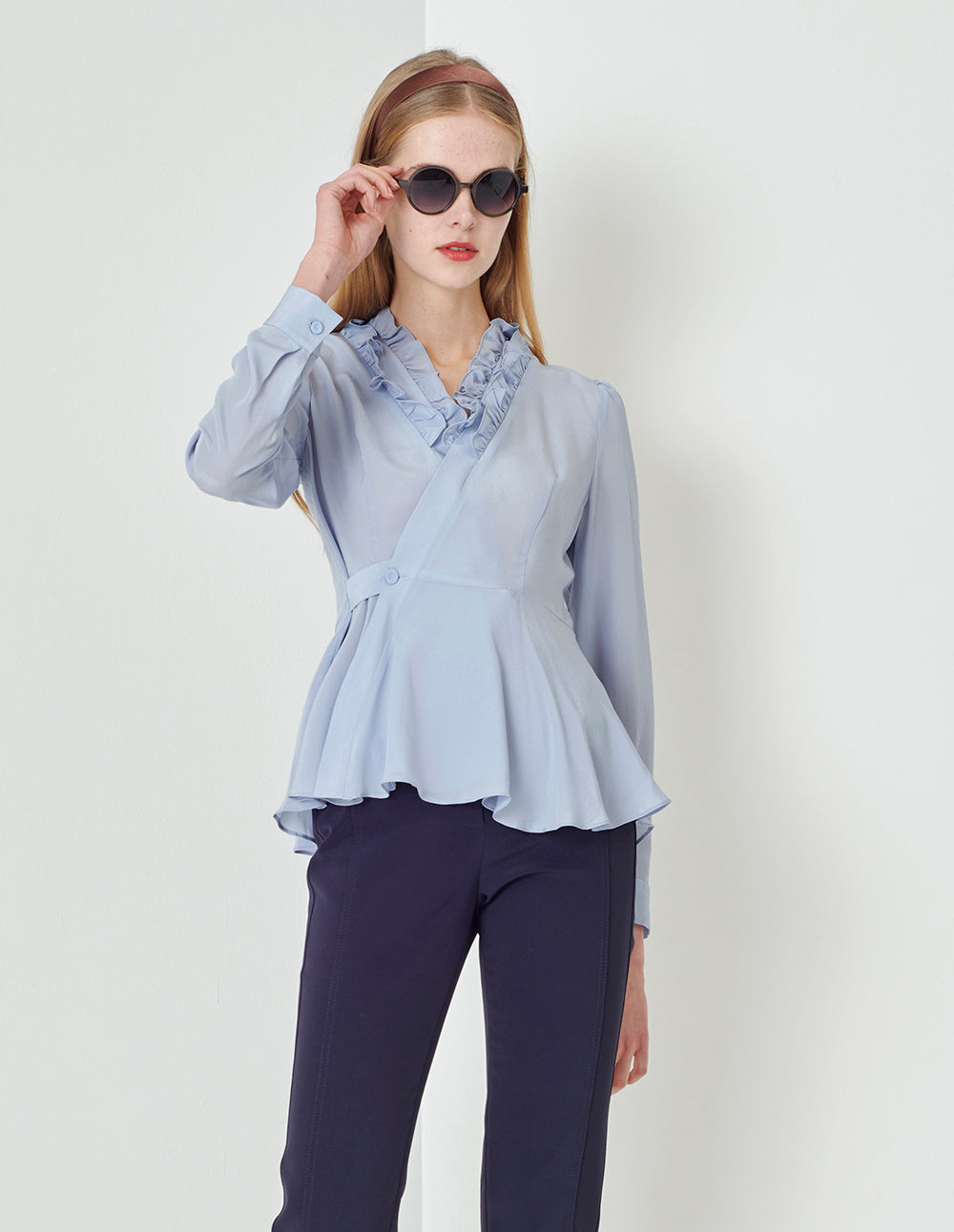 MARYLING Foggy blue silk crepe de chine V-neck shirt