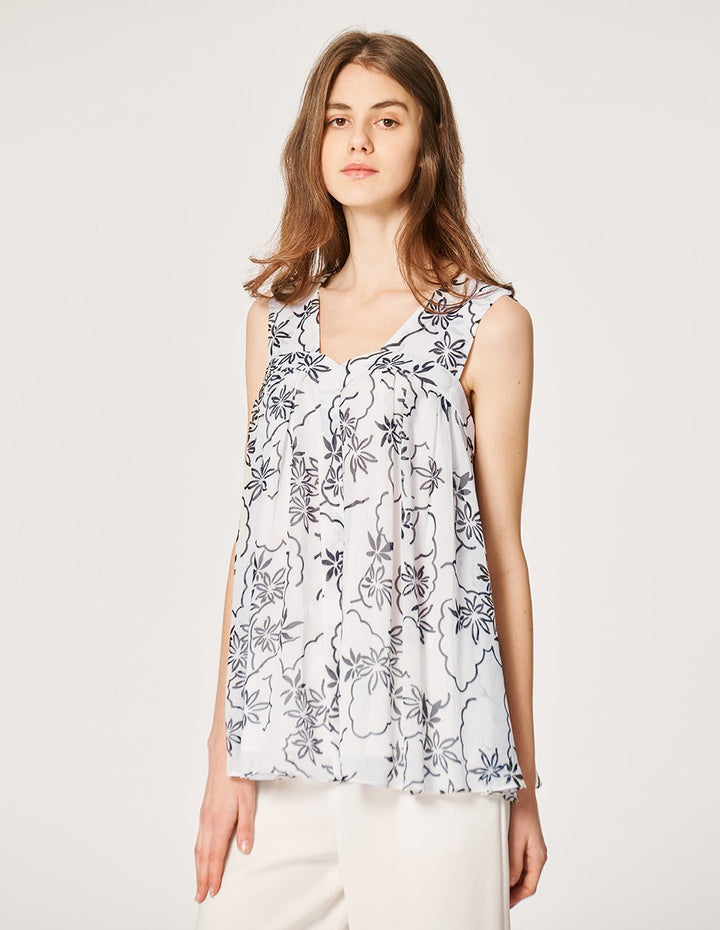 MARYLING Chiffon Toile Floral Pattern V Neck A-Line Blouse