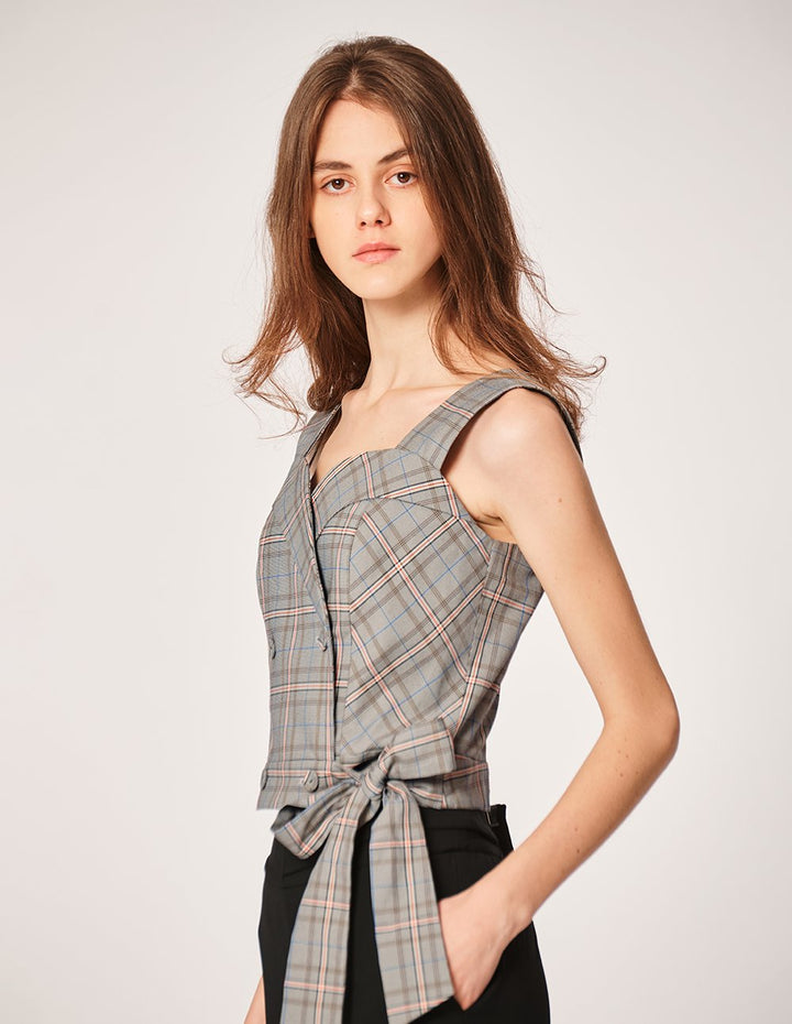 MARYLING Plaid Pattern Sleeveless Sash Waist Top